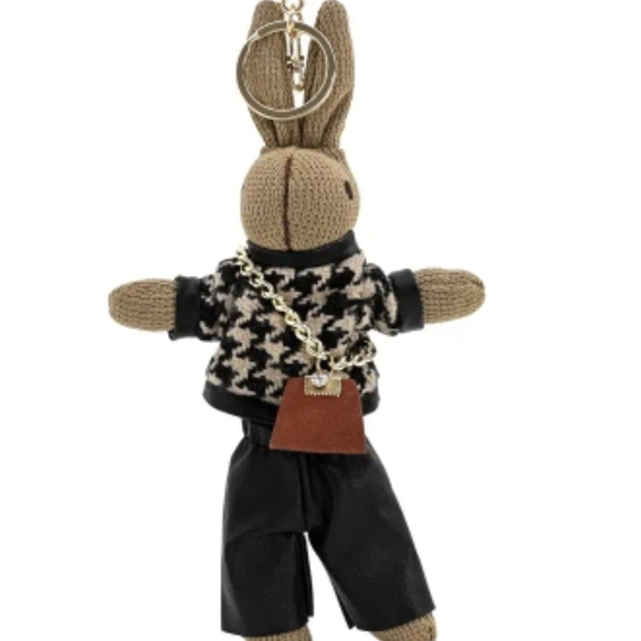 Bunny Keychain Bag Charm Wearing Houndstooth Sweater & Crossbody Purse - Picture 7 of 8